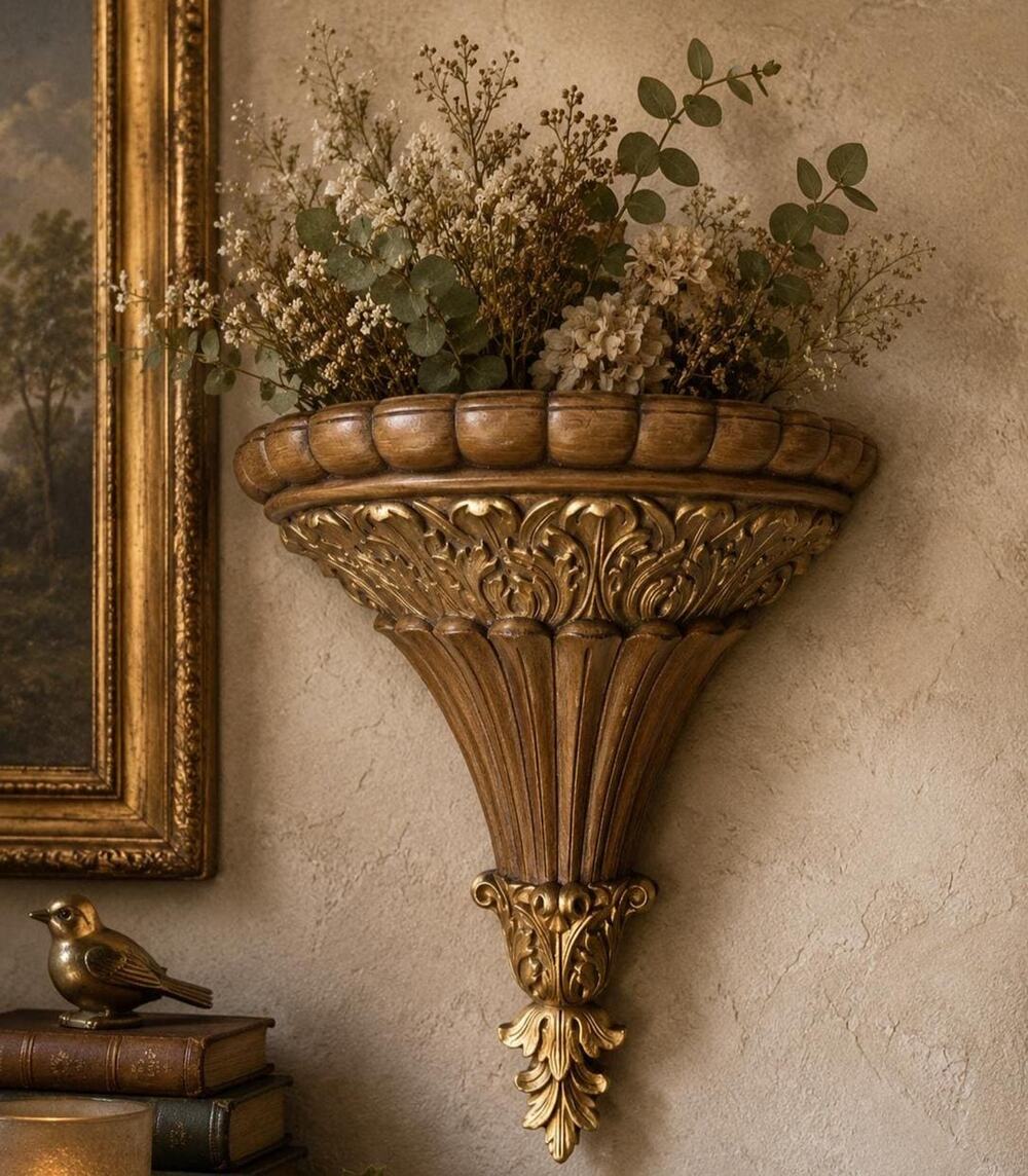 Vintage Burwood Wall Pocket Planter Corinthian Resin Vase Neoclassical Decor